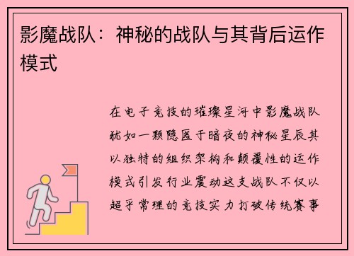 影魔战队：神秘的战队与其背后运作模式