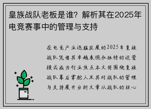 皇族战队老板是谁？解析其在2025年电竞赛事中的管理与支持